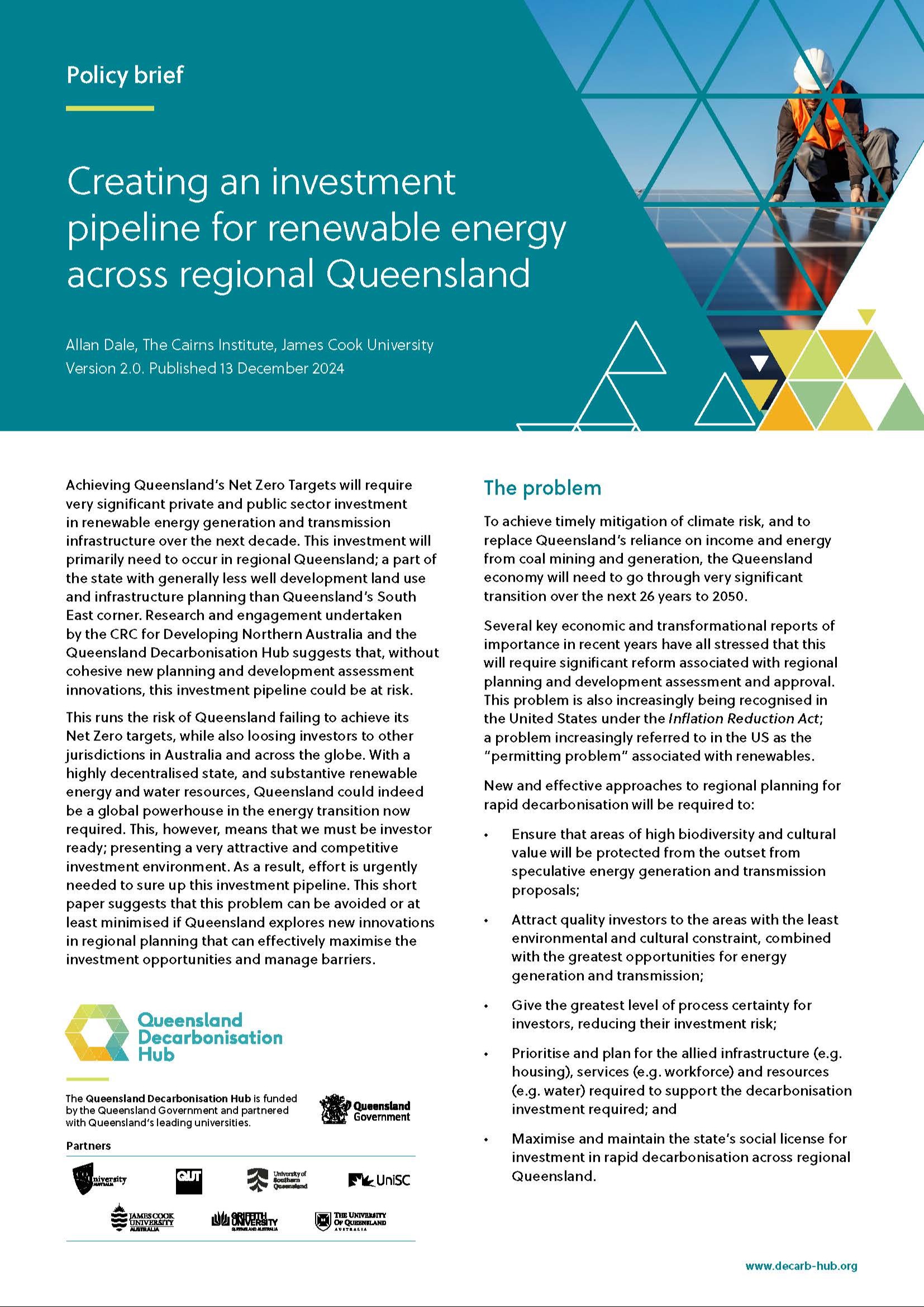 Creating an investment pipeline for renewable energy across regional Queensland